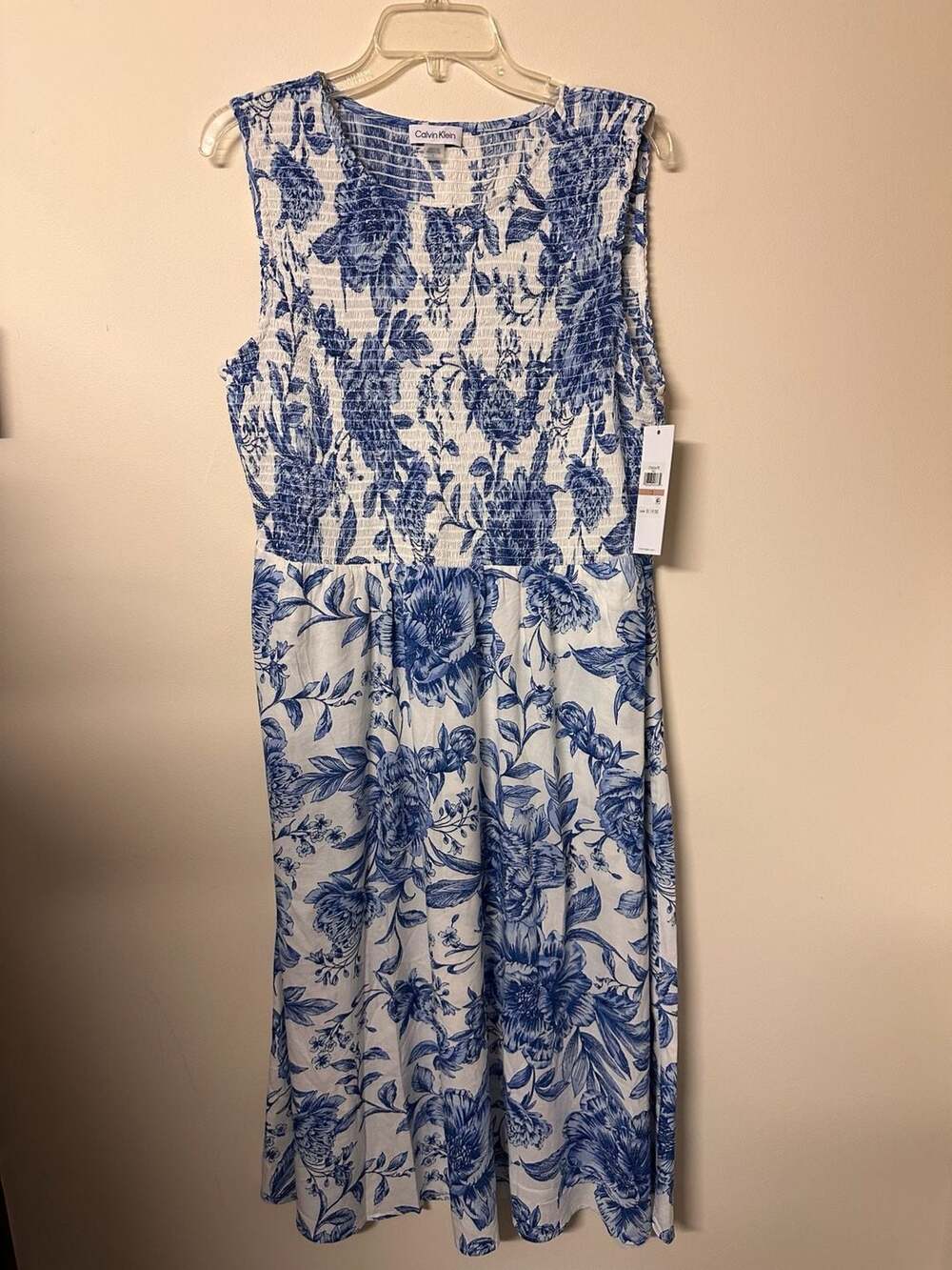 Calvin Klein Blue & White Floral Toile Print Smocked Sleeveless Maxi Dress 12